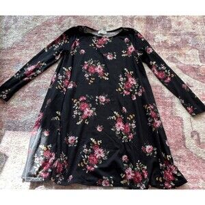 Riah Fashion Black Floral A-Line Knee Dress Round Neck Long Sleeve Size M